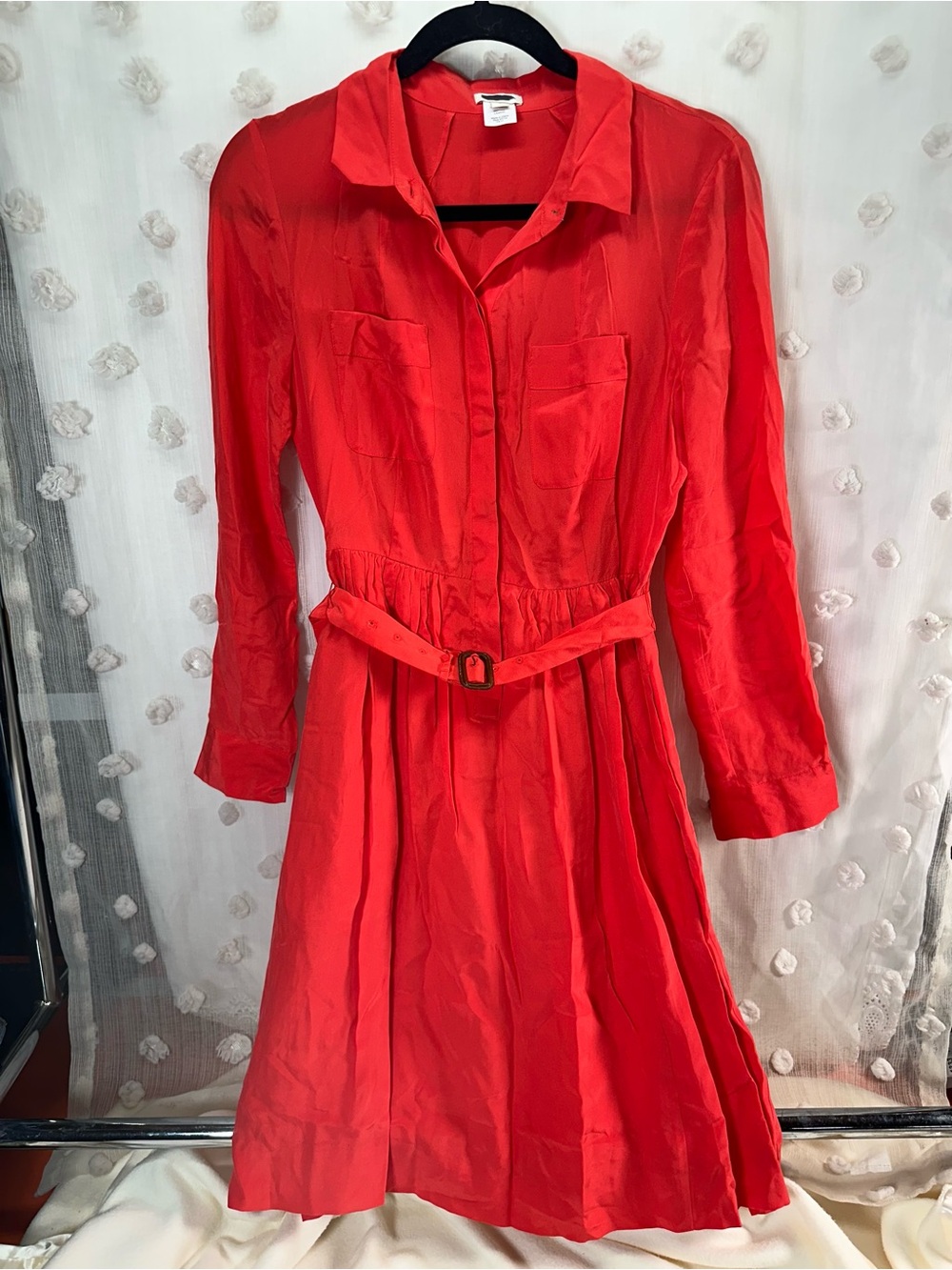 J. Crew Women’s 100% Silk Red Long-Sleeve Belted Shirt Dress Size 2